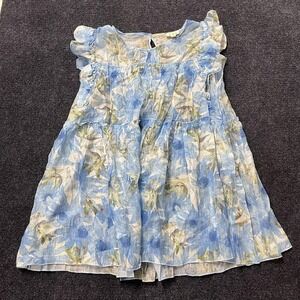 POL Blouse Womens Medium Blue Floral Ruffle Sleeveless Sheer Tunic Top Boho